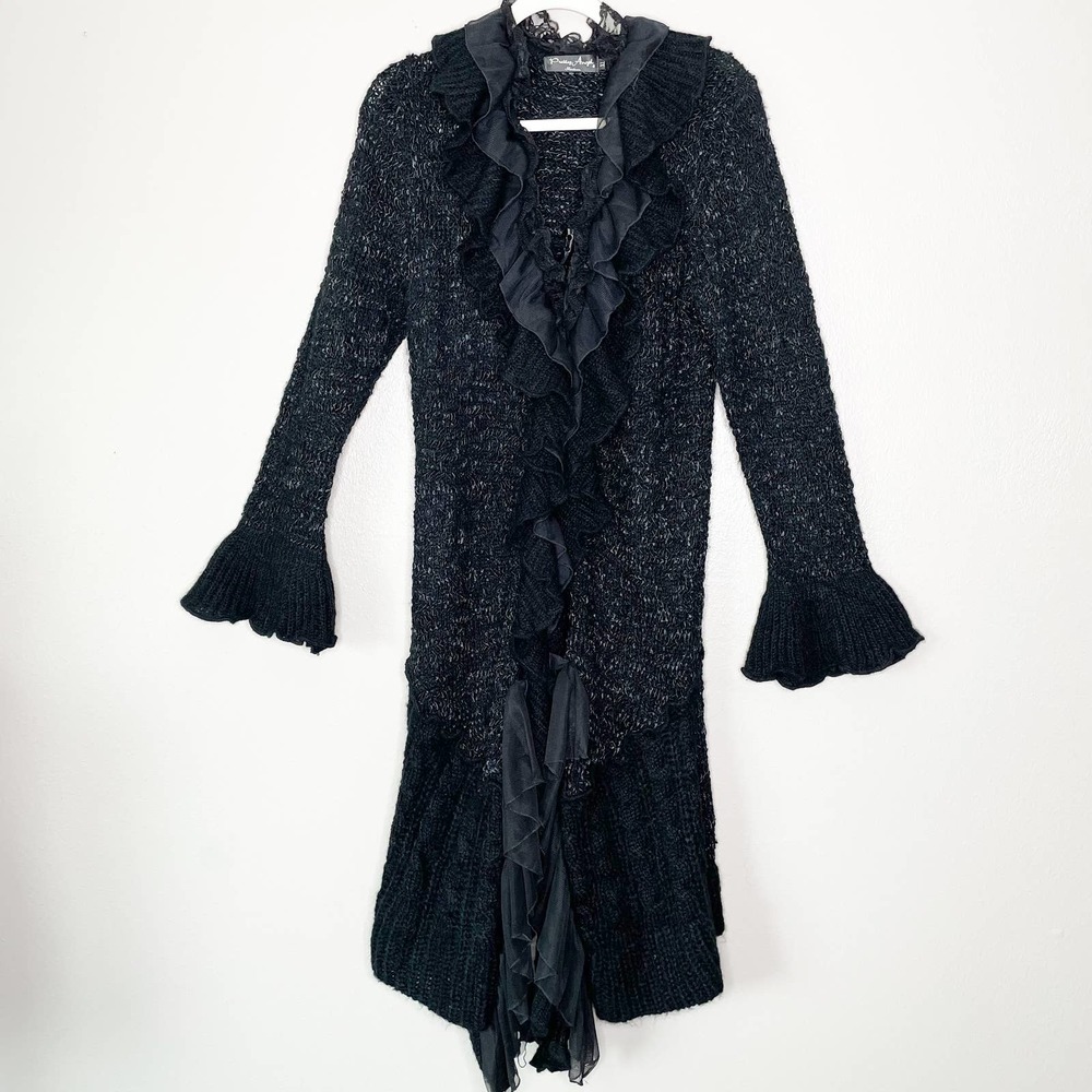 Pretty Angel Black Silk Wool Cashmere Ruffled Detail Long Cardigan Sweater